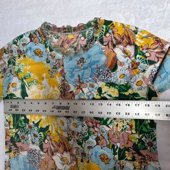 Womens Floral Print Short Sleeve Top with Ruffle Neck Size M-L Multicolor Boho - Picture 7 of 8